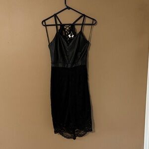 Hot Miami Styles Black Strapless Faux-Leather & Lace Dress